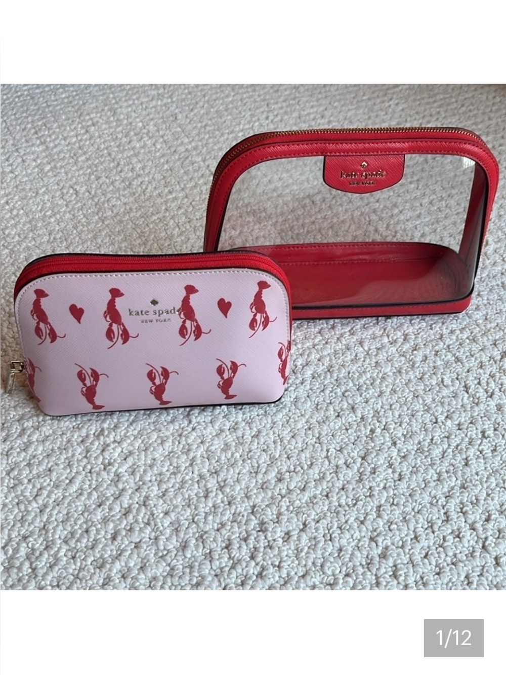 Kate Spade Cosmetic case set /2 Smaller lobster case & larger clear case Red🦞